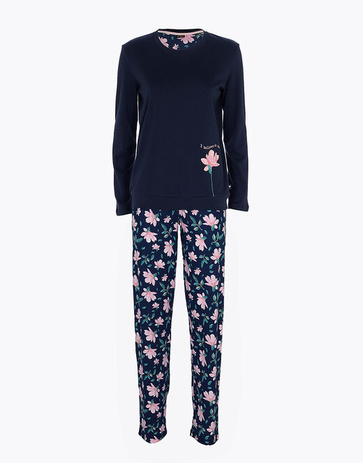 Lovable Pigiama lungo in interlock di cotone, blu con stampa floreale Presa