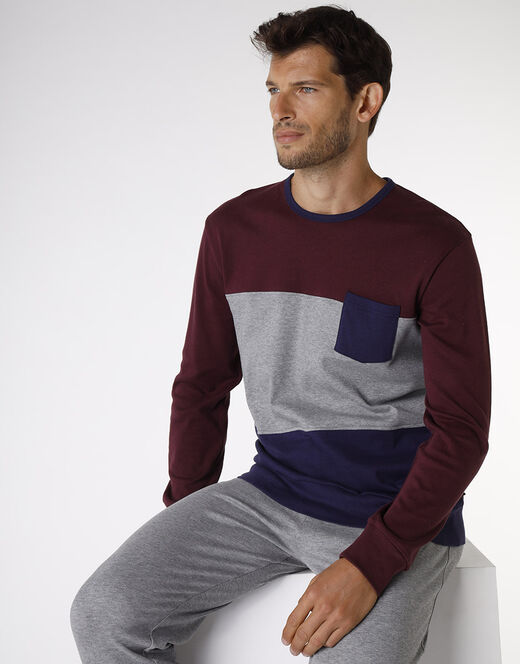 Lovable Pigiama lungo in interlock di cotone, bordeaux grigio e blu In Saldo