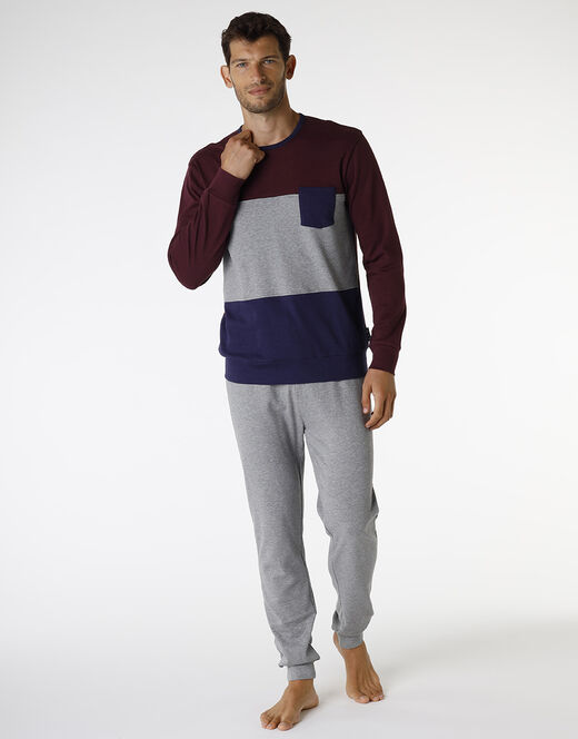 Lovable Pigiama lungo in interlock di cotone, bordeaux grigio e blu In Saldo