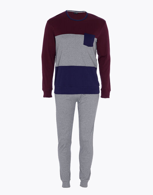 Lovable Pigiama lungo in interlock di cotone, bordeaux grigio e blu In Saldo
