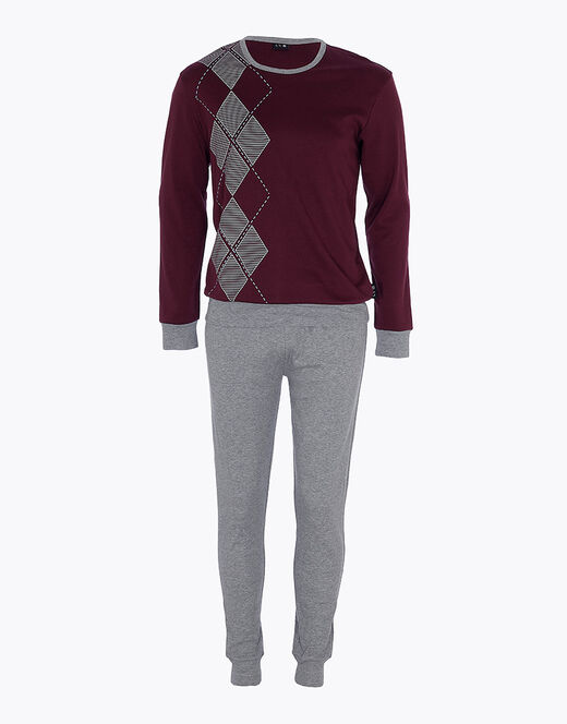Lovable Pigiama lungo in interlock di cotone, bordeaux e grigio melange In Linea