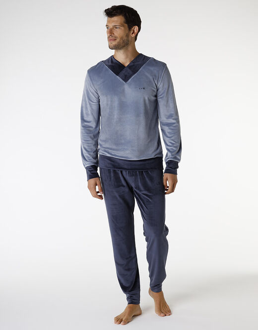 Lovable Pigiama lungo in ciniglia, blu polvere e blu navy Shopping Online