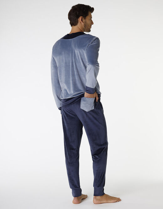 Lovable Pigiama lungo in ciniglia, blu polvere e blu navy Shopping Online