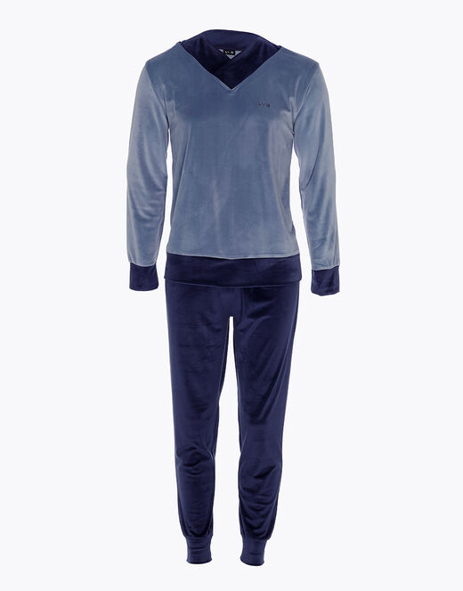 Lovable Pigiama lungo in ciniglia, blu polvere e blu navy Shopping Online