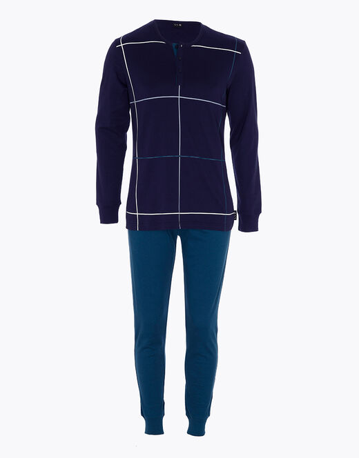 Lovable Pigiama lungo in interlock di cotone, blu navy con stampa a quadri Sottocosto