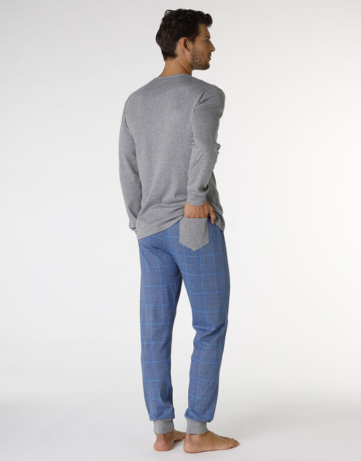 Lovable Pigiama lungo in interlock di cotone, grigio melage scuro e blu polvere con stampa In Linea