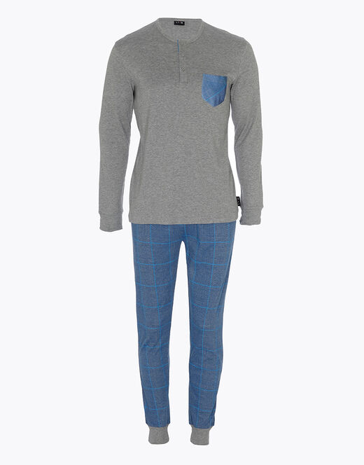 Lovable Pigiama lungo in interlock di cotone, grigio melage scuro e blu polvere con stampa In Linea