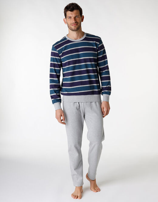 Lovable Pigiama lungo a righe in cotone, grigio melange e blu Consegna Veloce