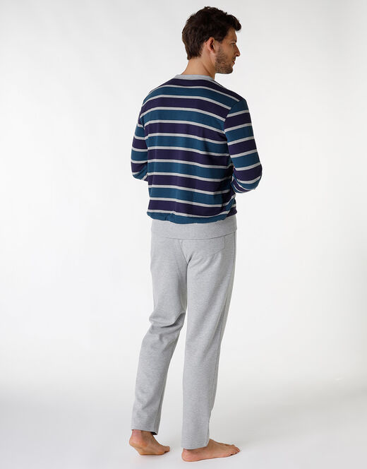Lovable Pigiama lungo a righe in cotone, grigio melange e blu Consegna Veloce