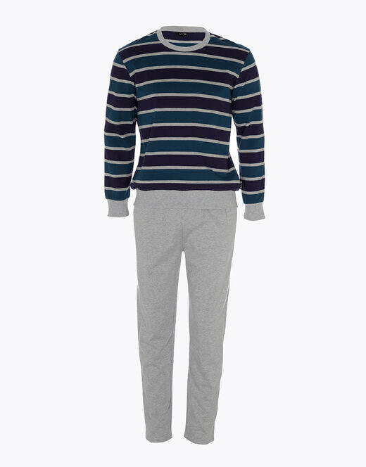 Lovable Pigiama lungo a righe in cotone, grigio melange e blu Consegna Veloce