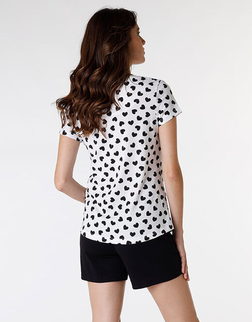 Lovable Pigiama corto in jersey di cotone, stampa cuori neri su sfondo bianco Fino Al -60%
