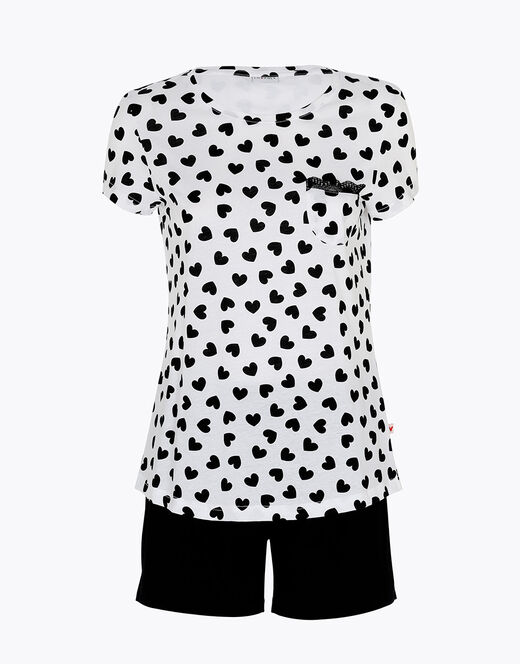 Lovable Pigiama corto in jersey di cotone, stampa cuori neri su sfondo bianco Fino Al -60%