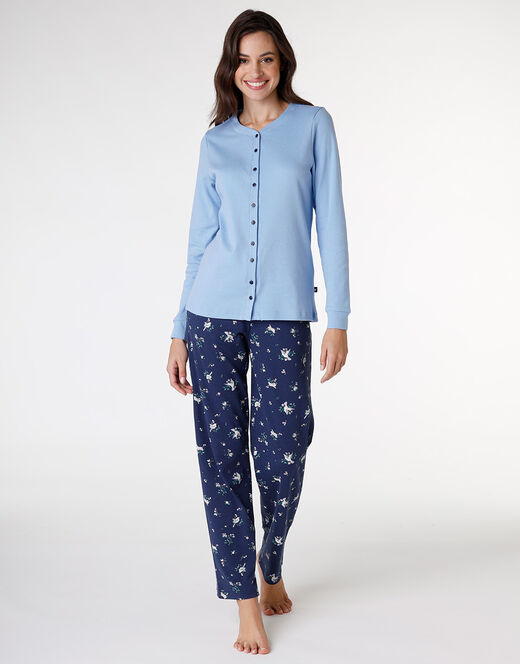 Lovable Pigiama lungo aperto in interlock di cotone, azzurro con stampa Sconto
