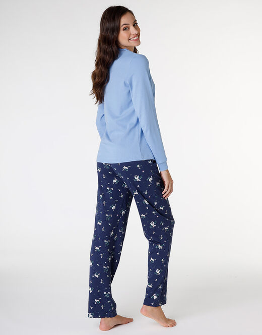 Lovable Pigiama lungo aperto in interlock di cotone, azzurro con stampa Sconto