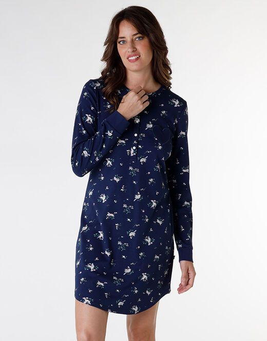 Lovable Camicia da notte in interlock di cotone, blu stampato Sottocosto