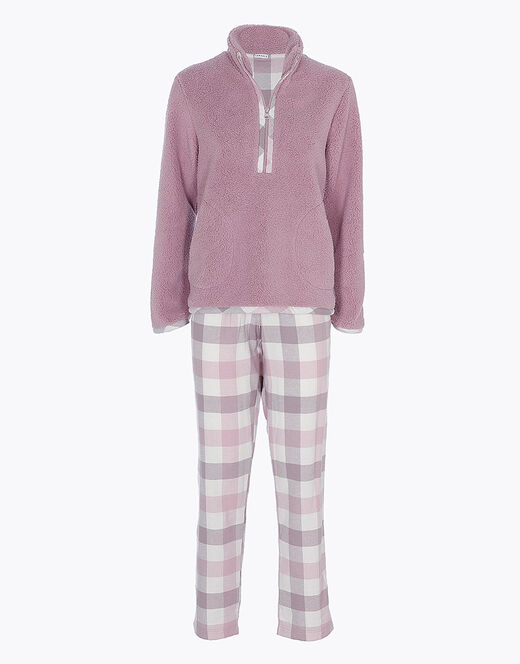 Lovable Pigiama lungo con pelliccetta agnellata e flanella, rosa e grigio Online
