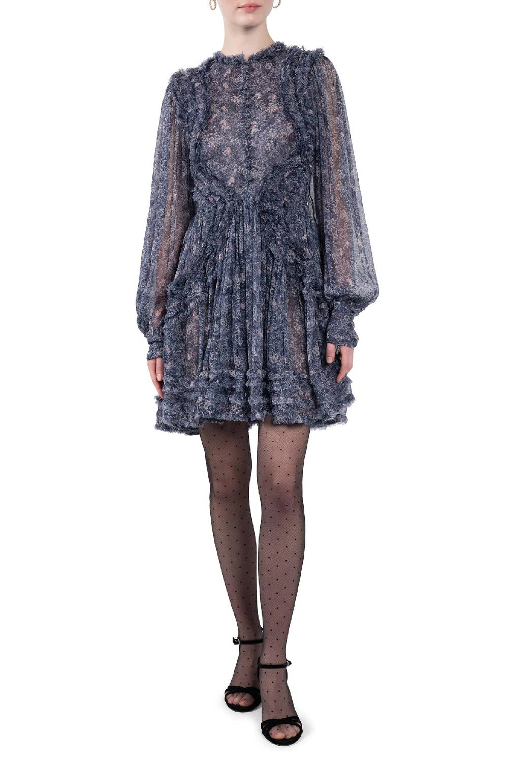 Luisa Beccaria Abito corto in chiffon con frange e micro fiori Sottocosto