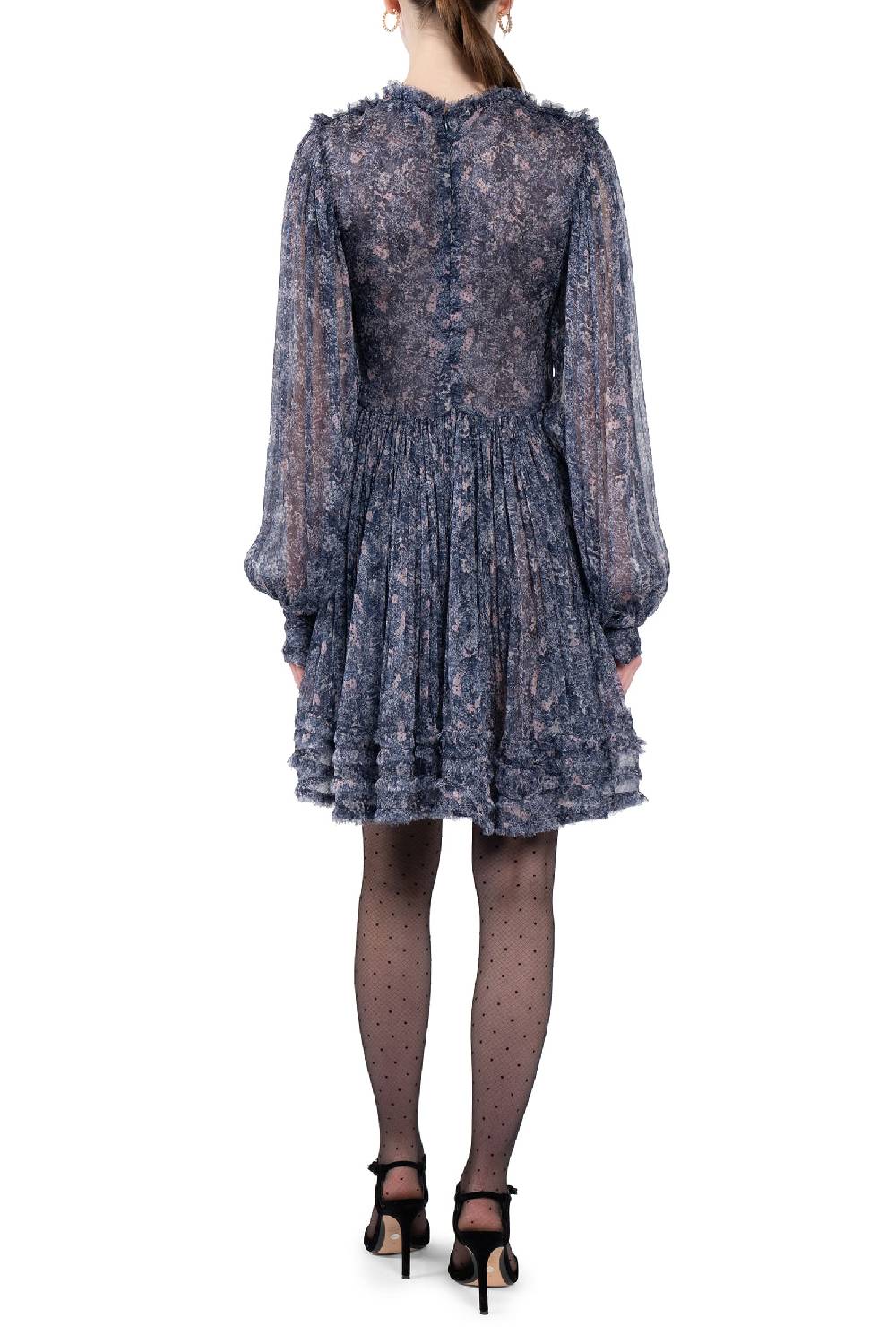 Luisa Beccaria Abito corto in chiffon con frange e micro fiori Sottocosto