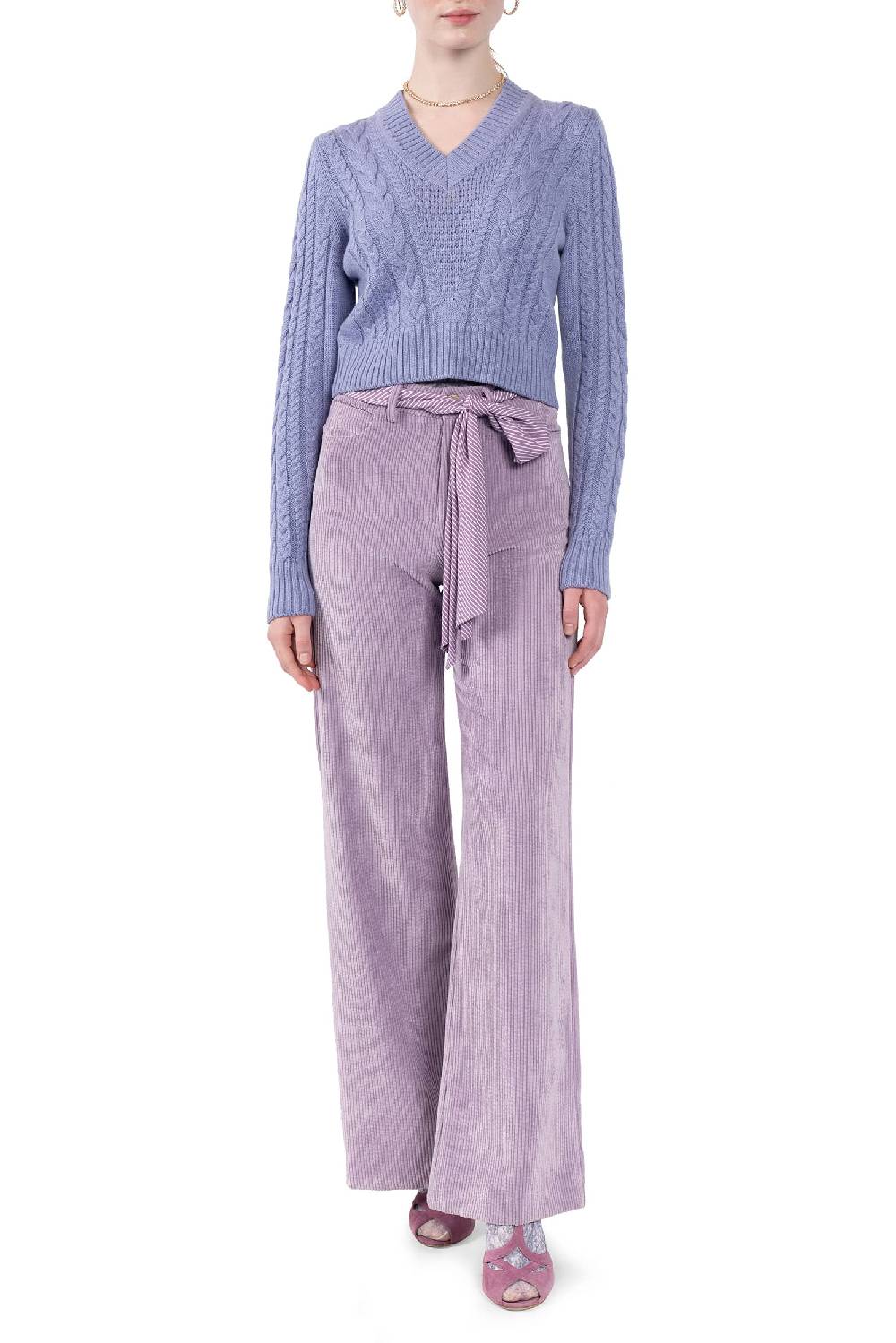 Luisa Beccaria Pantaloni palazzo in velluto a coste lilla Outlet