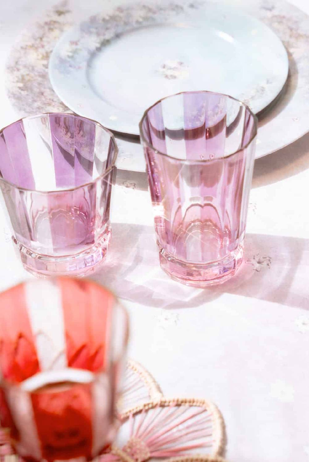 Luisa Beccaria Set viola a righe di due bicchieri Duccio grandi con base rosa Vendita Economica