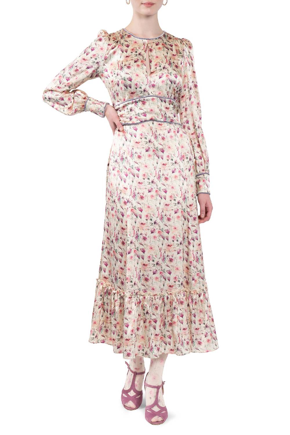 Luisa Beccaria Abito in raso stampato crema con rose selvatiche Promozione Limitata