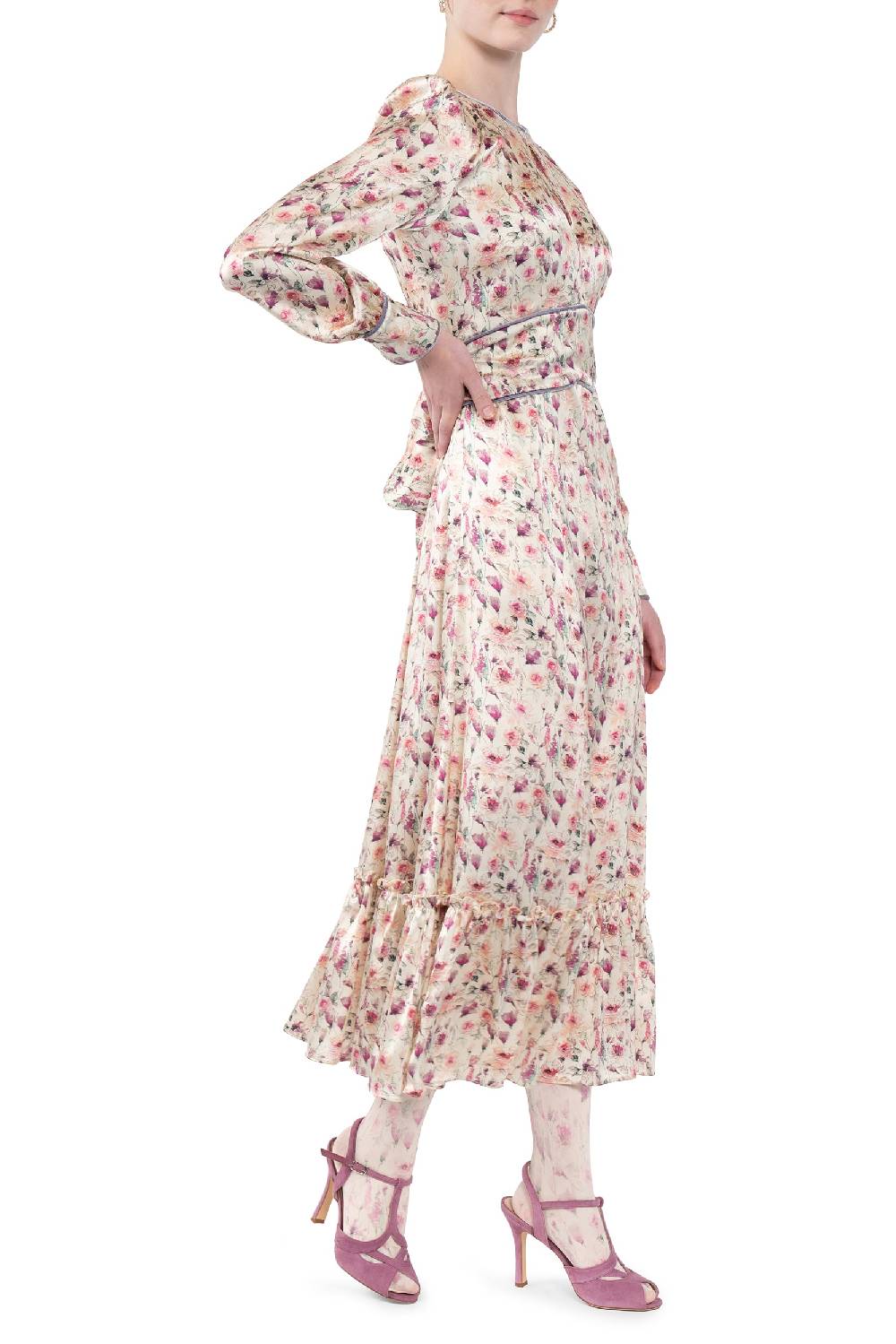 Luisa Beccaria Abito in raso stampato crema con rose selvatiche Promozione Limitata