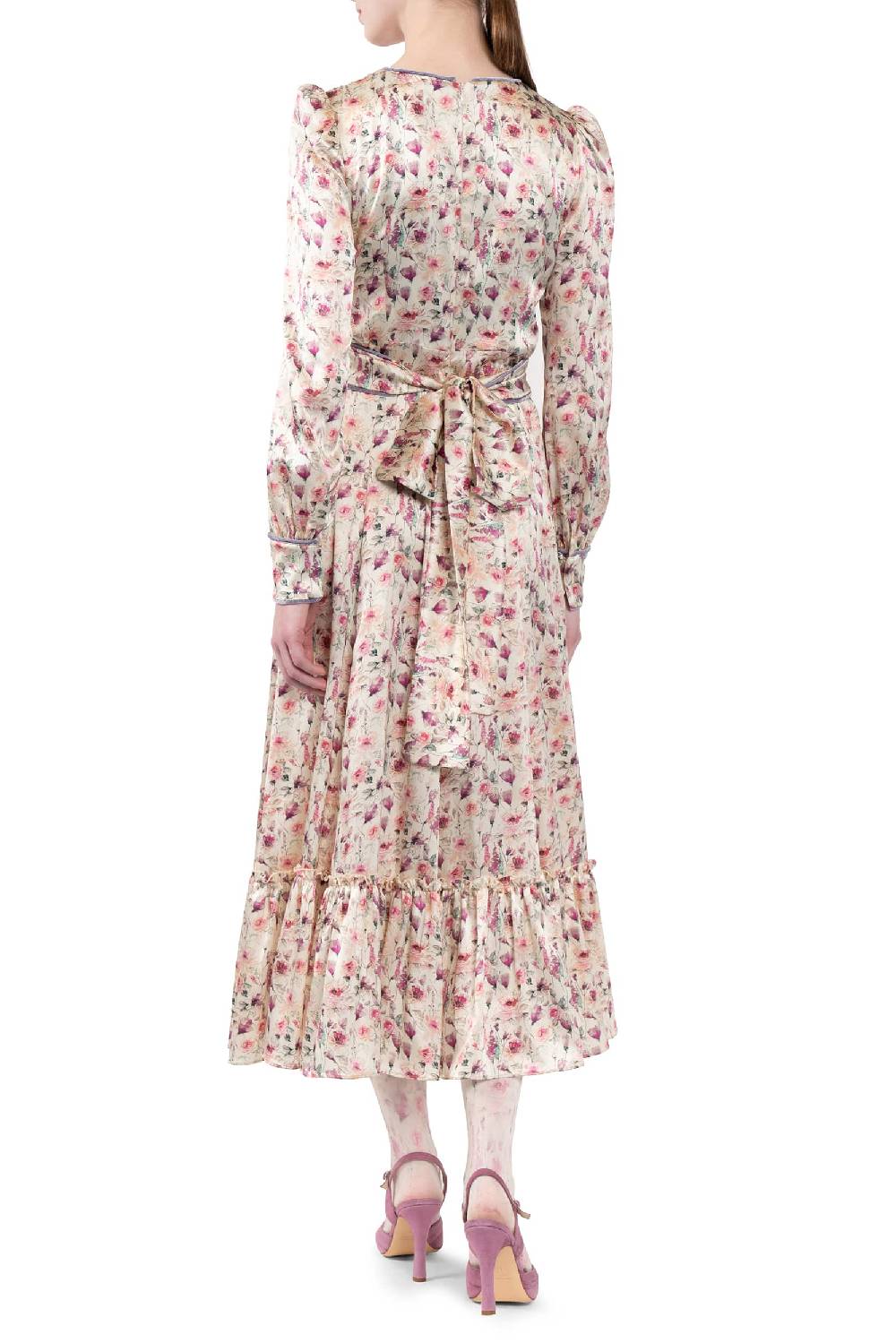 Luisa Beccaria Abito in raso stampato crema con rose selvatiche Promozione Limitata