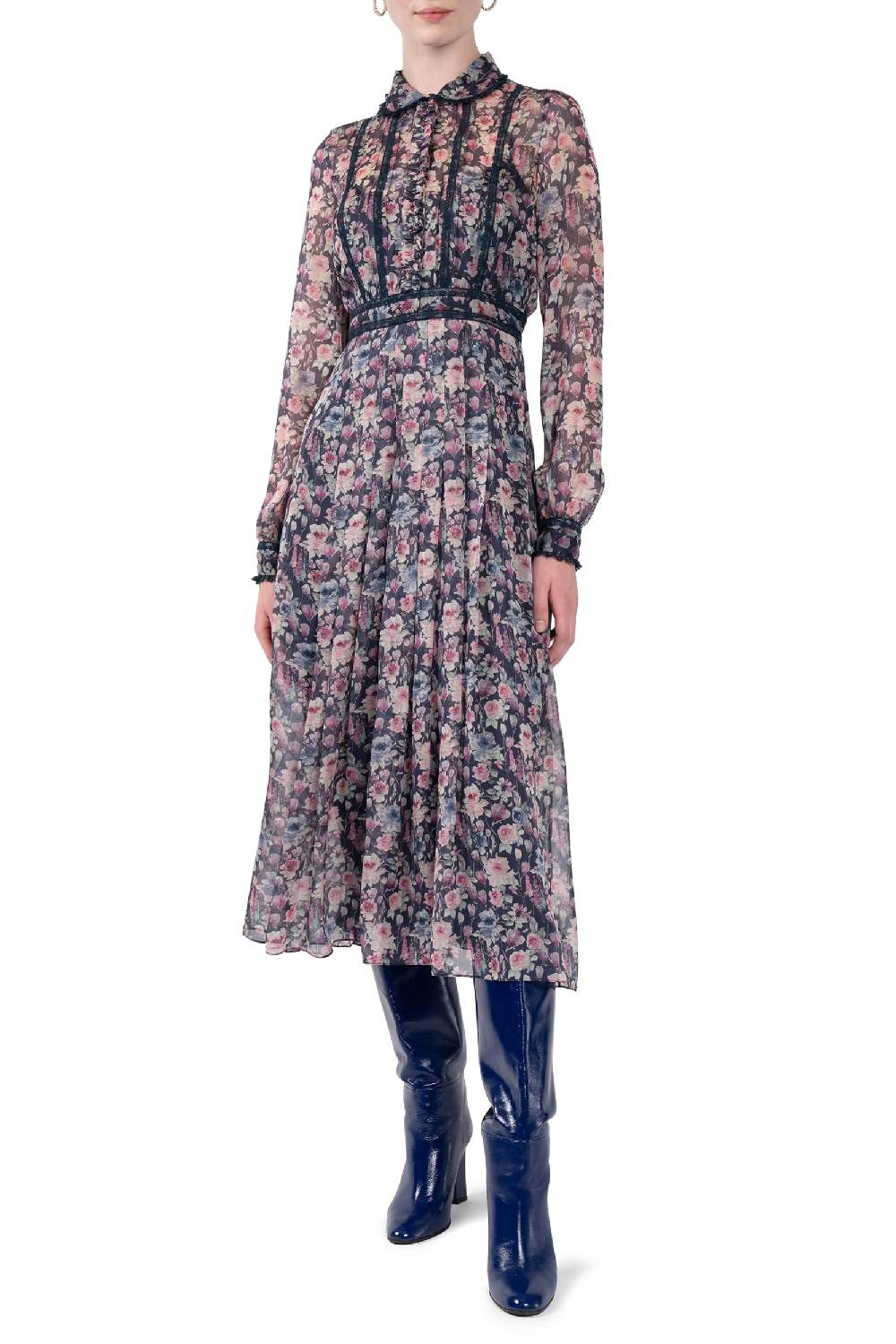 Luisa Beccaria Abito midi in chiffon stampato con rose 2025