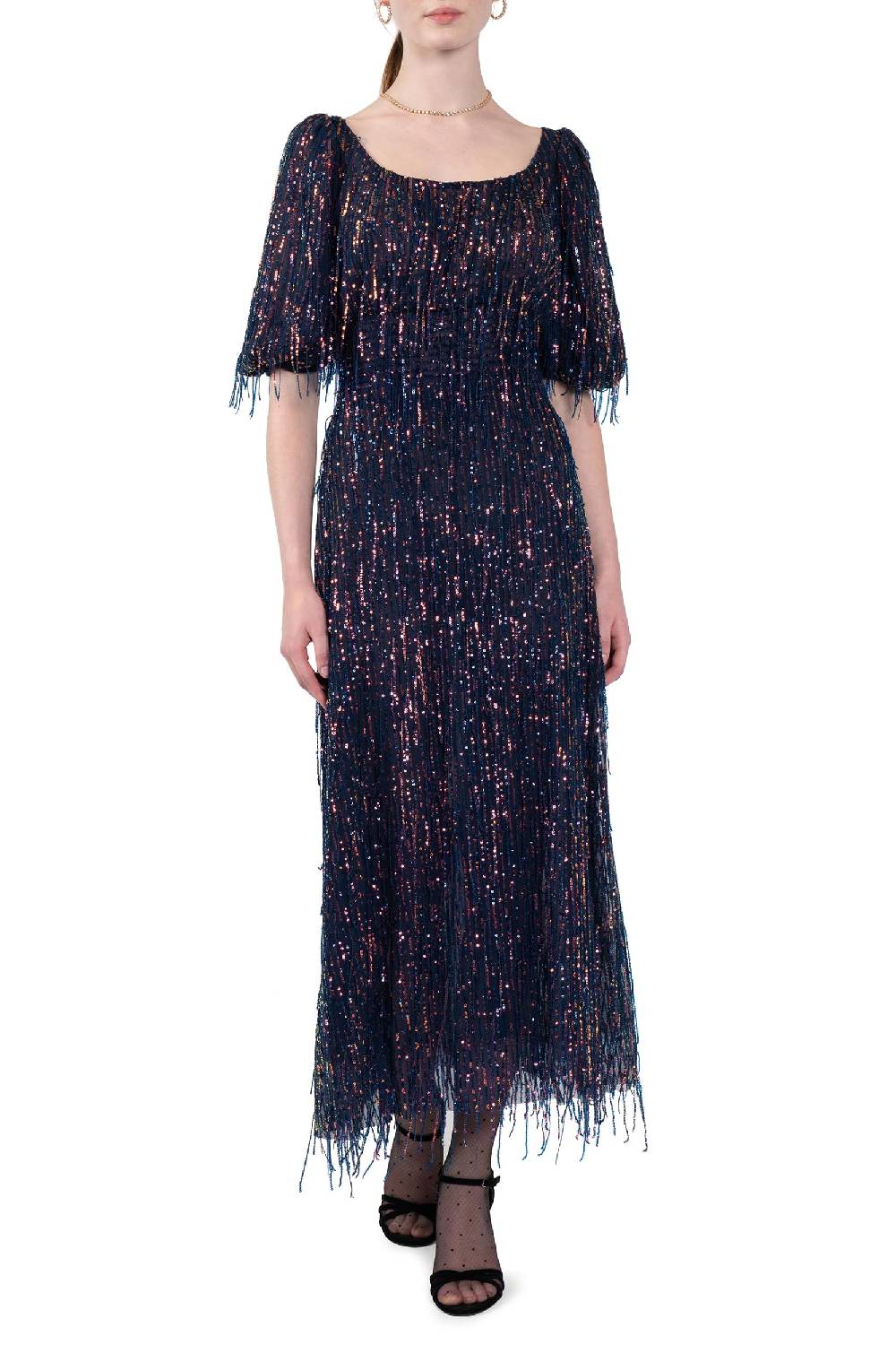Luisa Beccaria Abito in paillettes con scollatura ampia e frange Prezzo Ridotto
