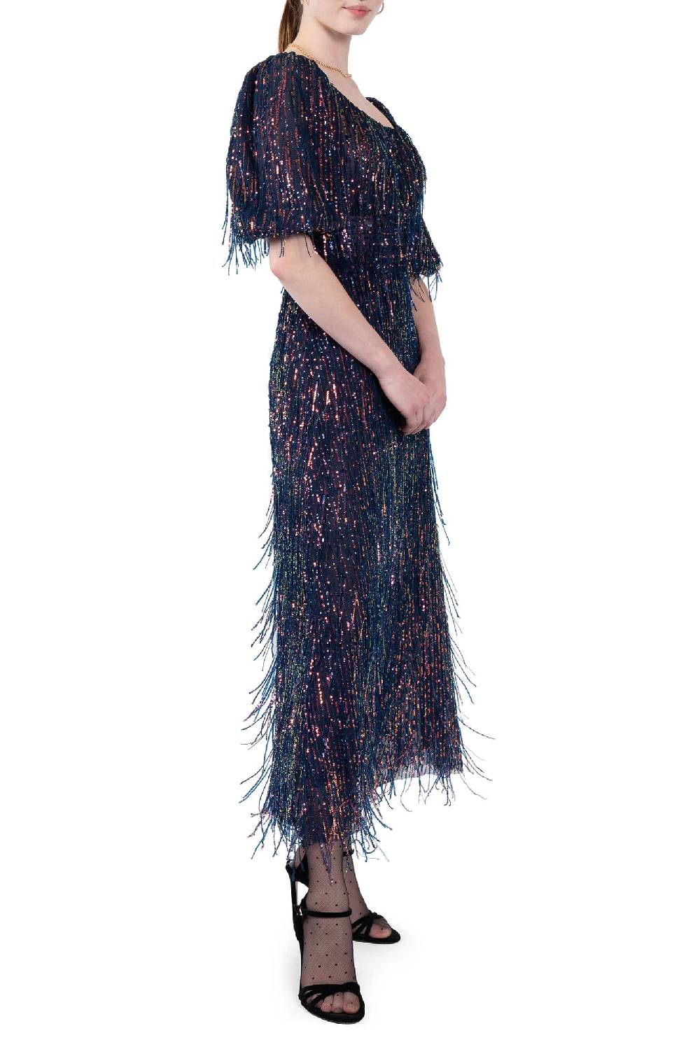 Luisa Beccaria Abito in paillettes con scollatura ampia e frange Prezzo Ridotto