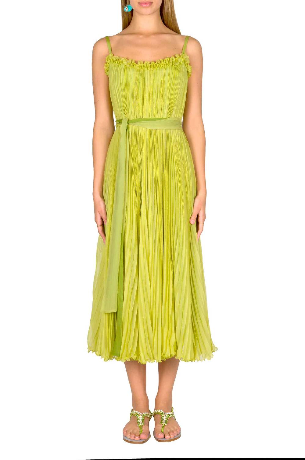 Luisa Beccaria Abito plissettato verde lime con fascia Vendita Calda