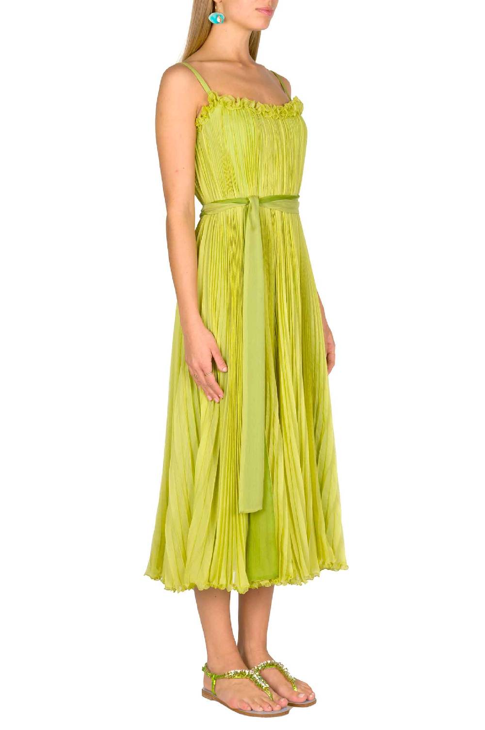 Luisa Beccaria Abito plissettato verde lime con fascia Vendita Calda
