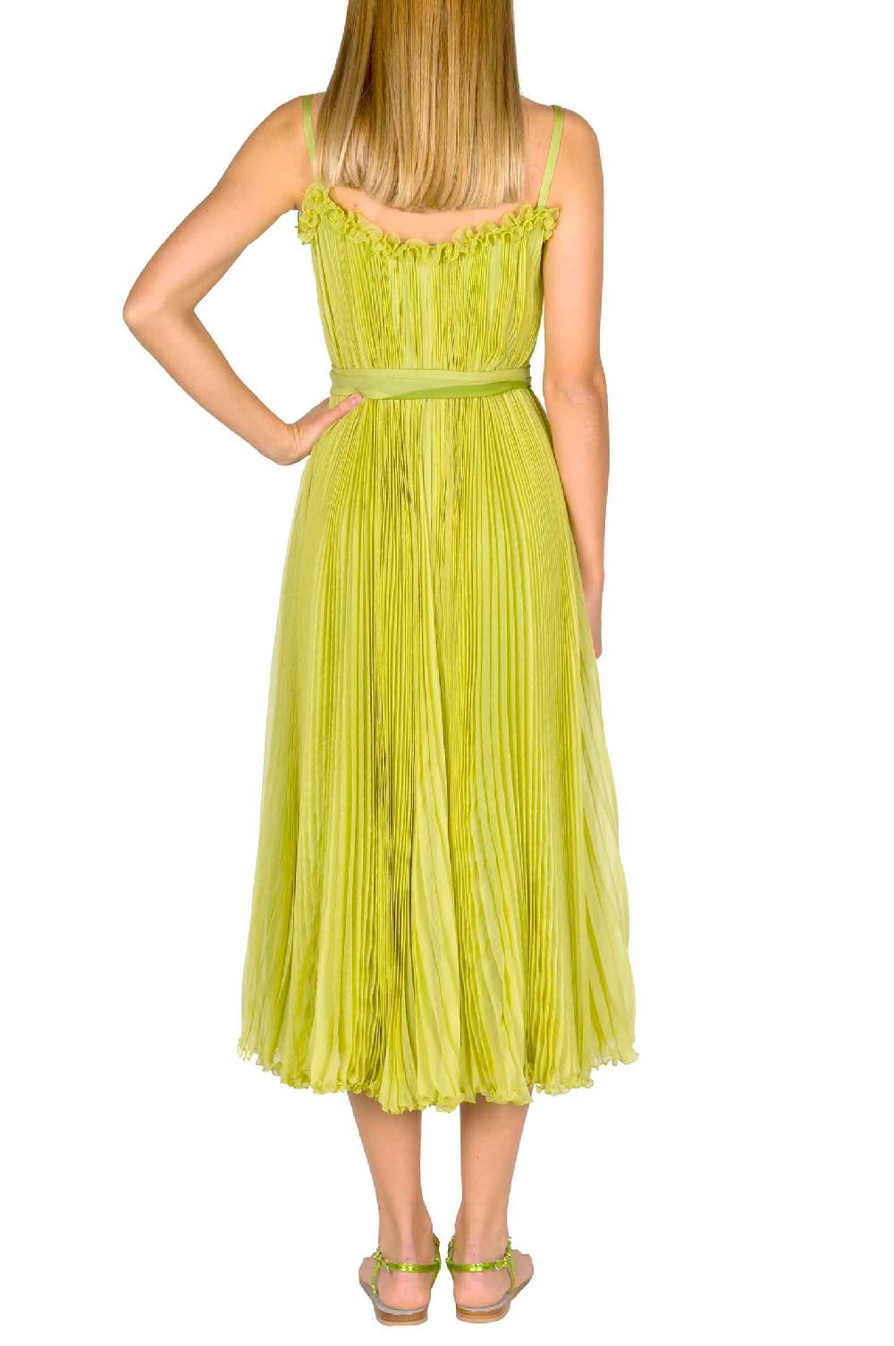 Luisa Beccaria Abito plissettato verde lime con fascia Vendita Calda