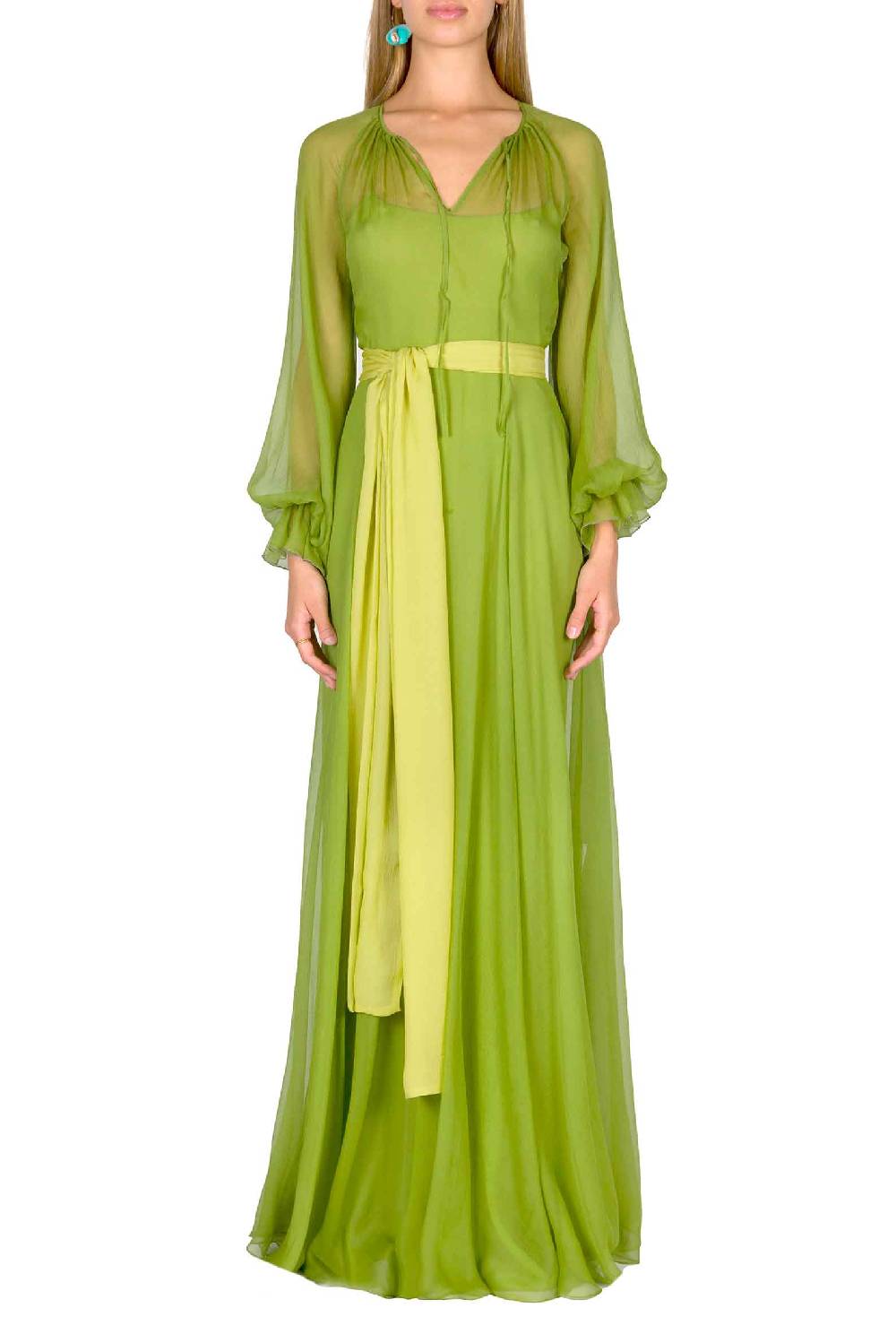 Luisa Beccaria Maxi abito in chiffon verde lime Sottocosto
