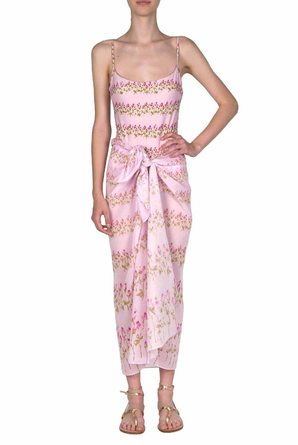 Luisa Beccaria Pareo Lungo Rigato Fiori Rosa Outlet