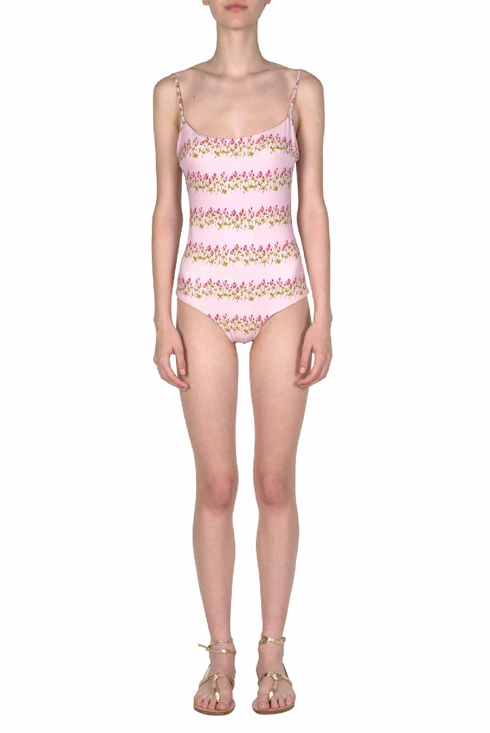 Luisa Beccaria Costume intero a righe fiorite rosa In Vendita