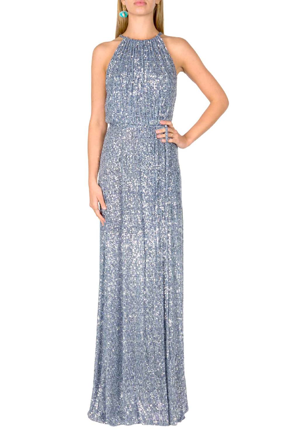 Luisa Beccaria Abito blu con paillettes a fessura alta Vendite Flash