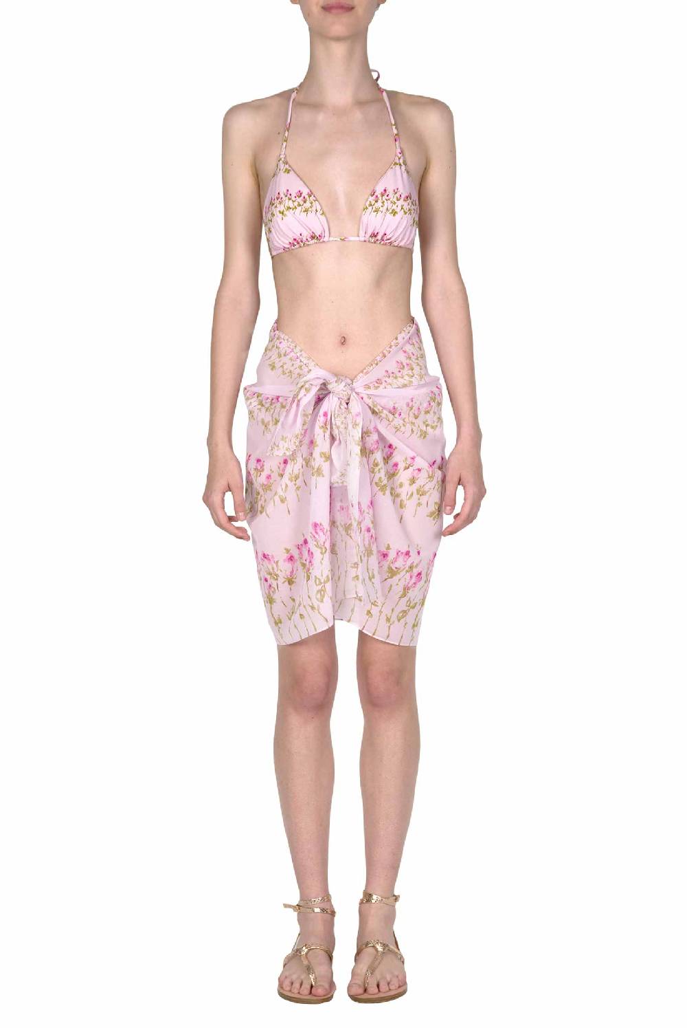 Luisa Beccaria Pareo corto a righe fiori rosa Moda