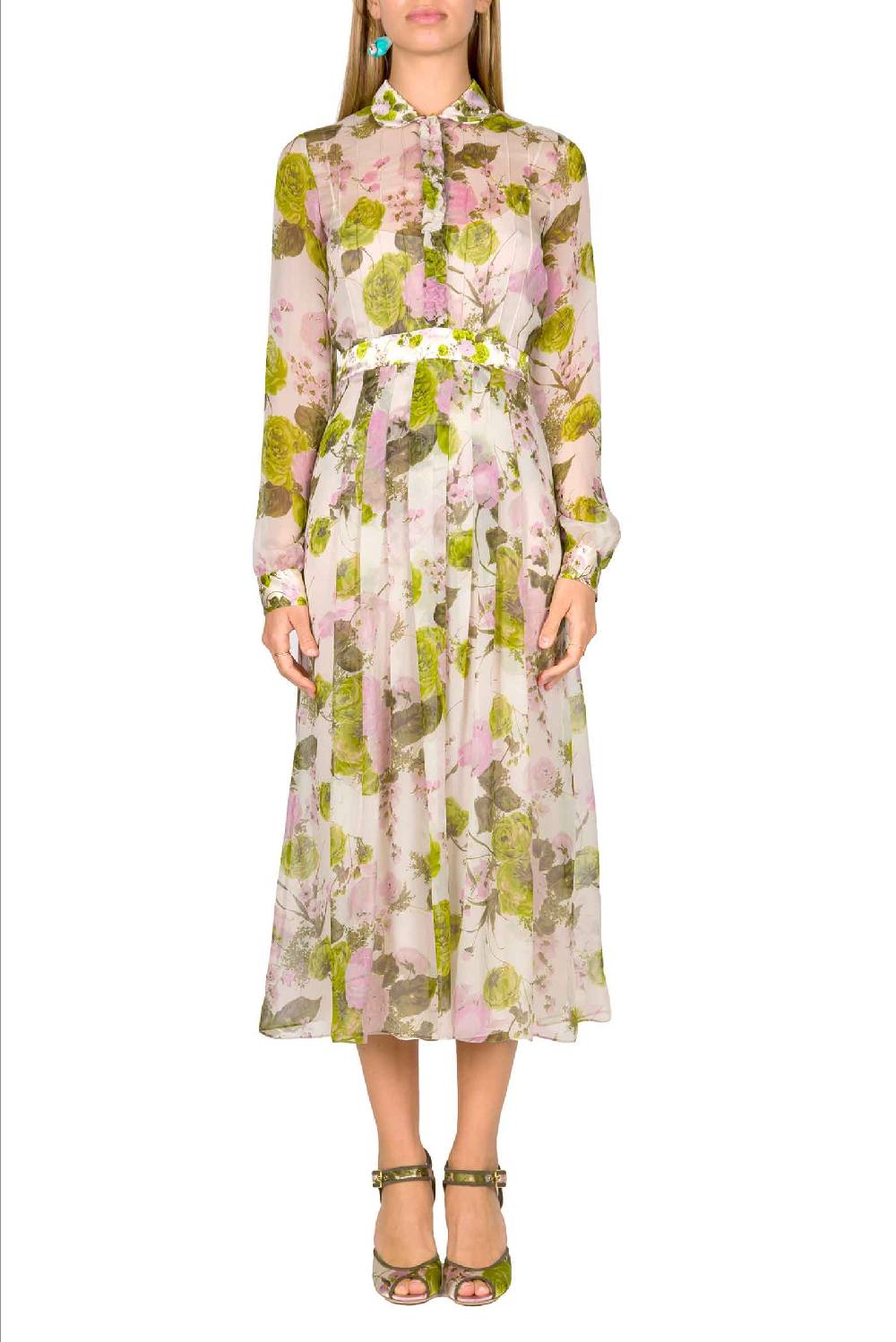 Luisa Beccaria Abito midi in chiffon stampato con rose in fiore Italia