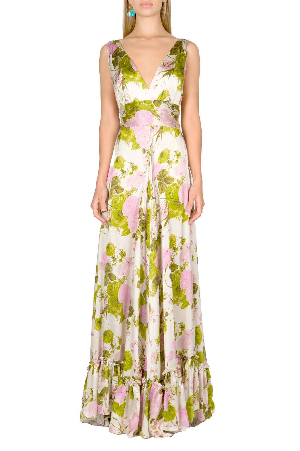 Luisa Beccaria Abito Lungo In Seta Blooming Roses Con Scollo A V In Vendita