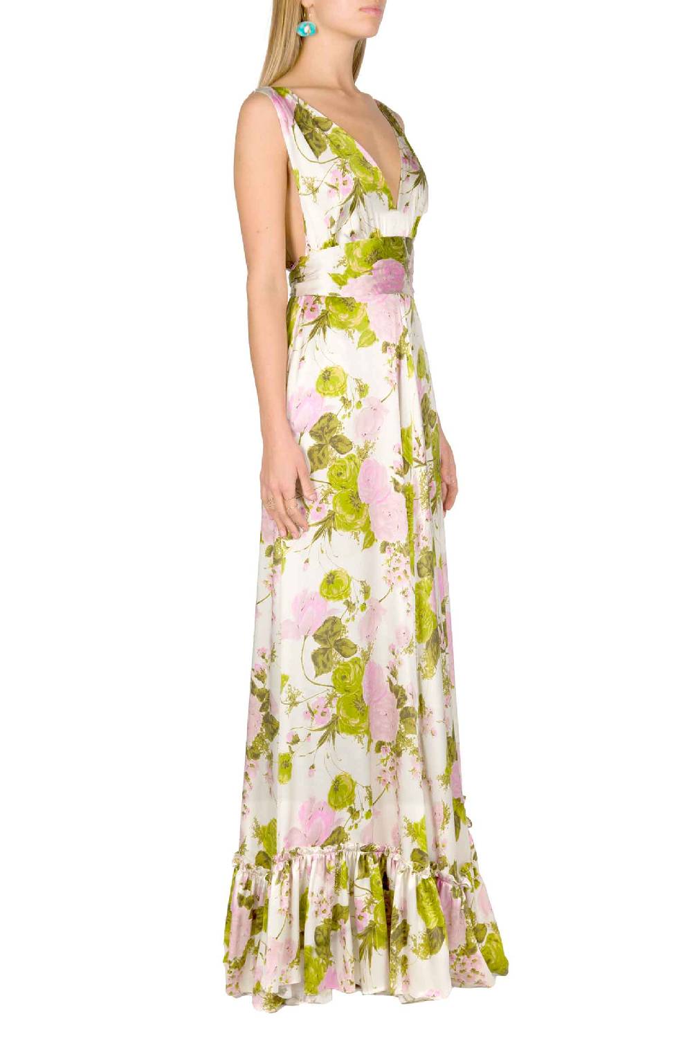 Luisa Beccaria Abito Lungo In Seta Blooming Roses Con Scollo A V In Vendita