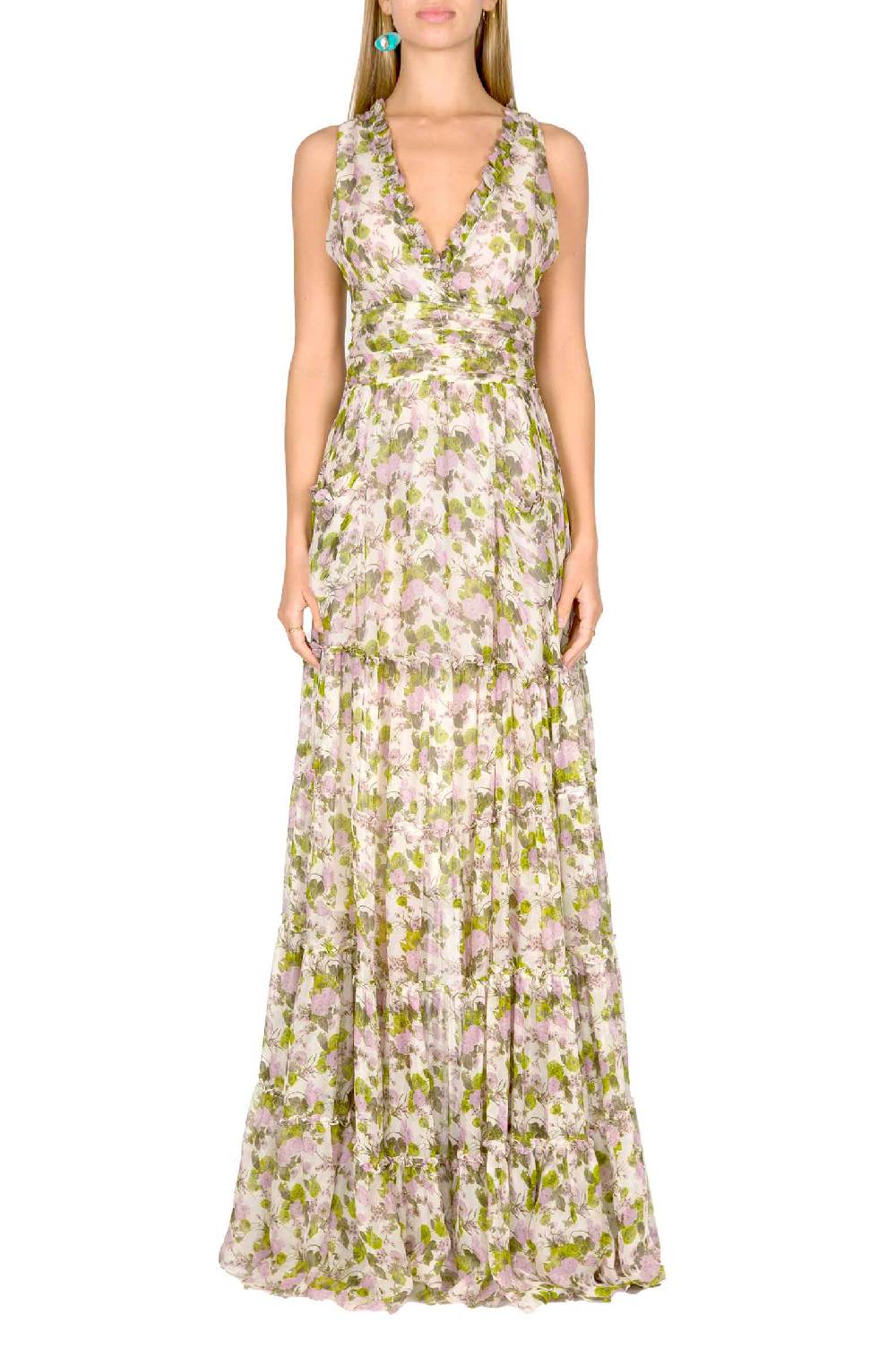 Luisa Beccaria Abito lungo in chiffon increspato con rose in fiore Vendita Economica