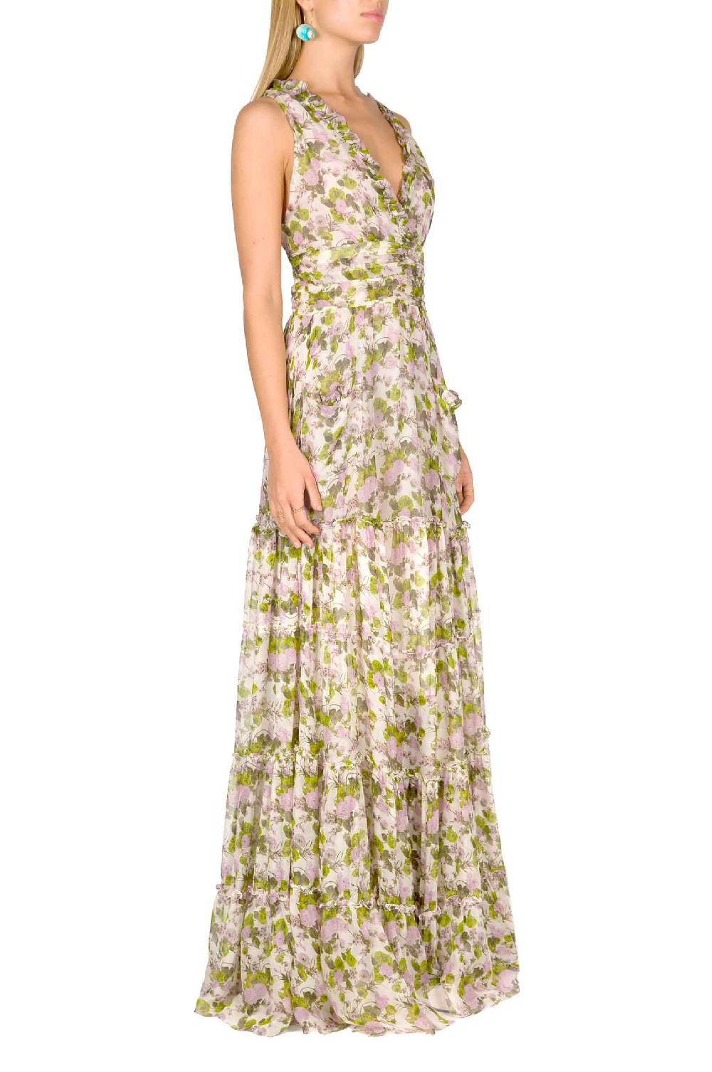 Luisa Beccaria Abito lungo in chiffon increspato con rose in fiore Vendita Economica