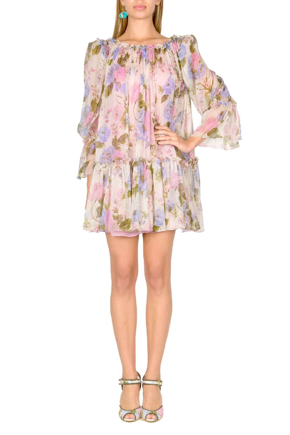 Luisa Beccaria Mini abito in chiffon stampato floreale con maniche a palloncino Moda