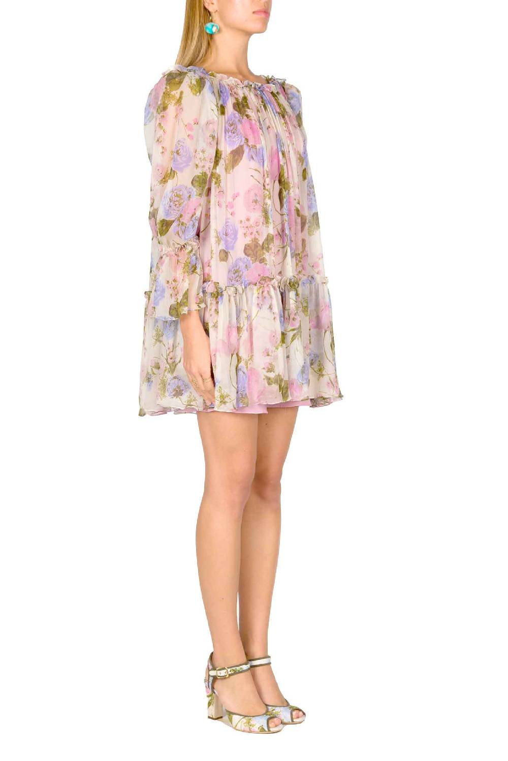 Luisa Beccaria Mini abito in chiffon stampato floreale con maniche a palloncino Moda