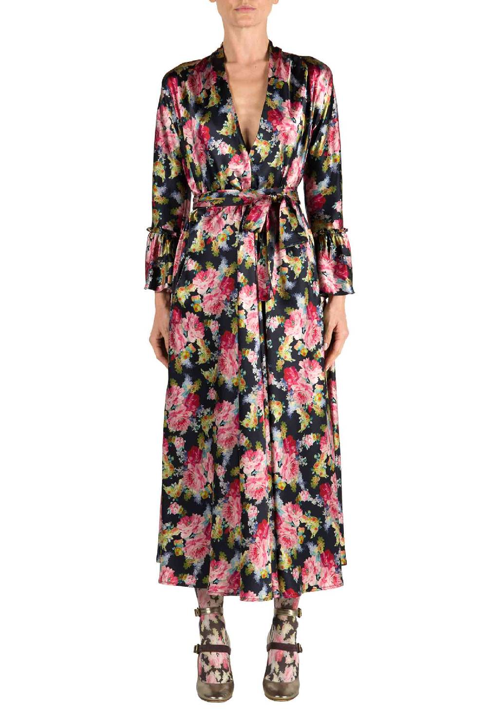 Luisa Beccaria Abito Luisa Wrap Satin Floreale Stampa Rose Affare Del Giorno