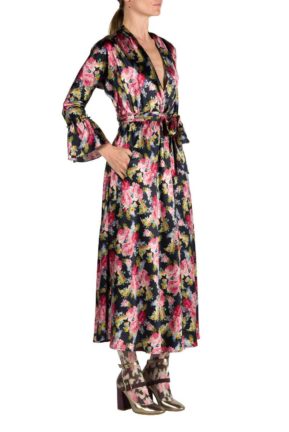 Luisa Beccaria Abito Luisa Wrap Satin Floreale Stampa Rose Affare Del Giorno