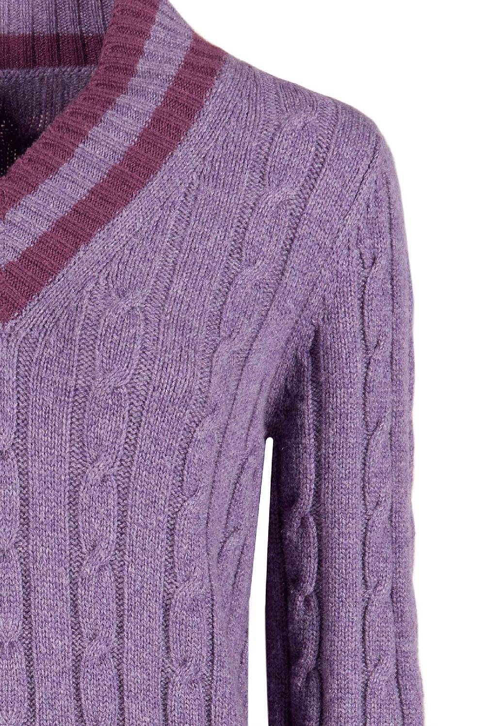 Luisa Beccaria Maglia viola in cashmere a trecce con scollo a V Sconto