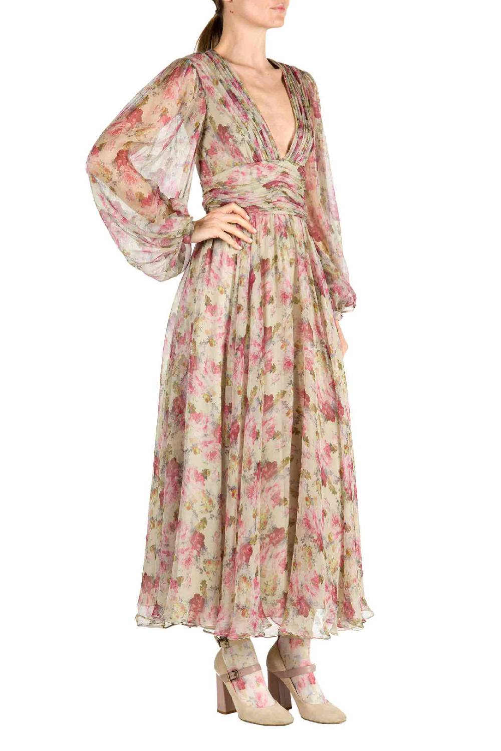 Luisa Beccaria Abito in chiffon con rose stampate Qualità