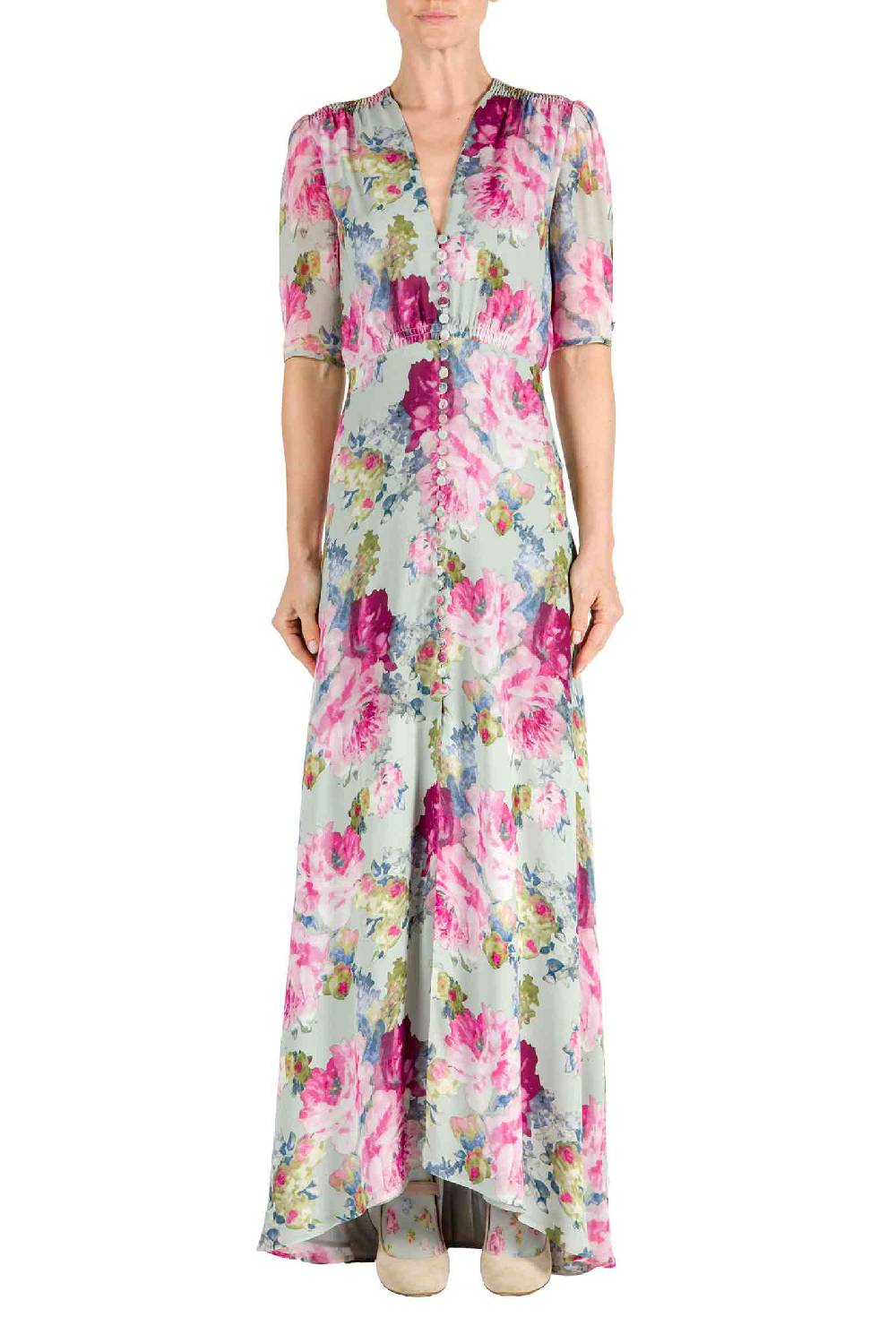 Luisa Beccaria Abito Bottoncino in Crepe Stampa Floreale Rose Fino Al -60%